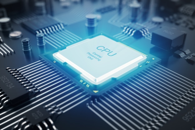 3D-rendering Printplaat. Technische achtergrond. Centrale computerprocessors CPU-concept