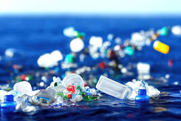 海に浮かぶ3Dレンダリング問題のペットボトルとマイクロプラスチック。