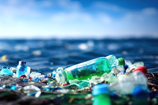 3D rendering problem plastic bottles and microplastics floating in the ocean.