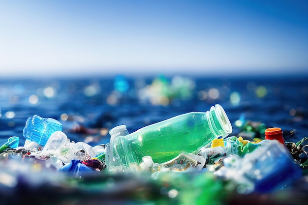 3D rendering problem plastic bottles and microplastics floating in the ocean.