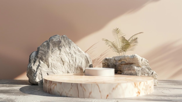 Photo 3d rendering of a product display platform made of marble with a rock and palm leaf background