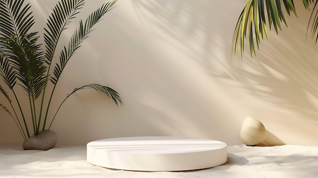 3D rendering of a product display platform with sand and palm leaves The platform is made of white marble and is surrounded by sand