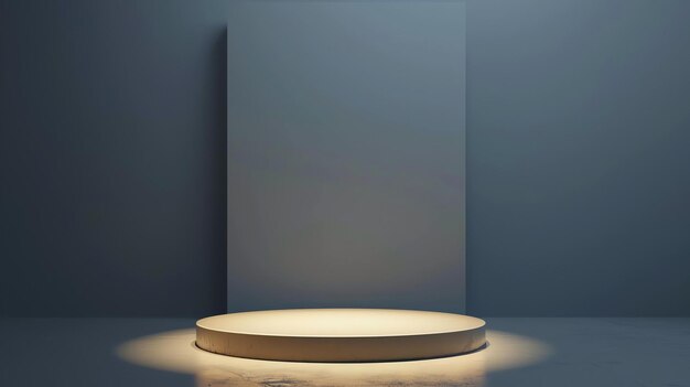 Photo 3d rendering of a product display platform with a spotlight the platform is made of beige marble and is lit by a single spotlight from above