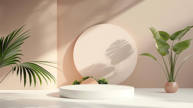 3d rendering of a product display A white podium stands in the center of a beige room with a large round window on the right