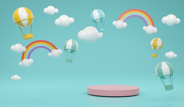 3D Rendering product stand podium display with rainbow clouds hot air balloons and stars on background for commercial design concept of rainbow podium.