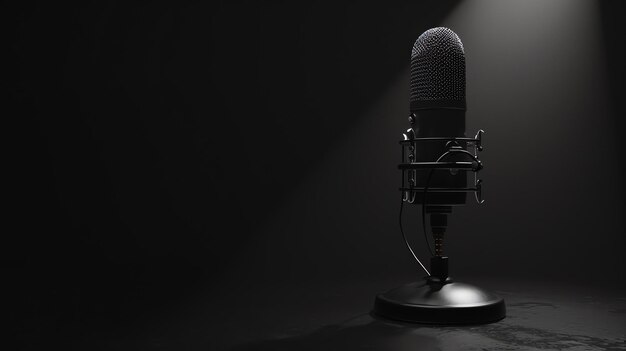 Photo 3d rendering of a professional black condenser microphone with a metal stand on a black reflective surface