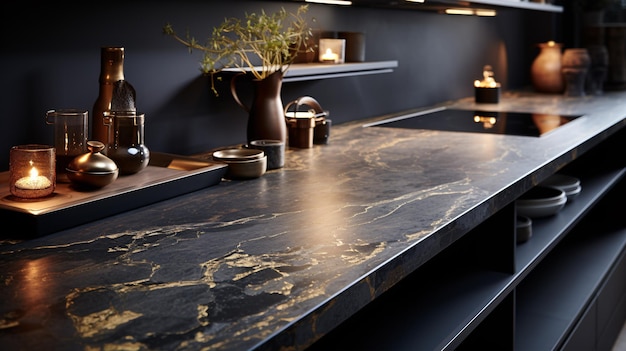 A 3D rendering provides a closeup view of a spacious black marble countertop in a contemporary white kitchen