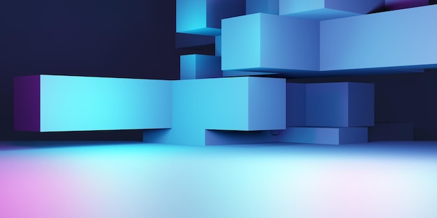 Rendering 3d del display del prodotto pubblicitario con sfondo geometrico astratto viola e blu