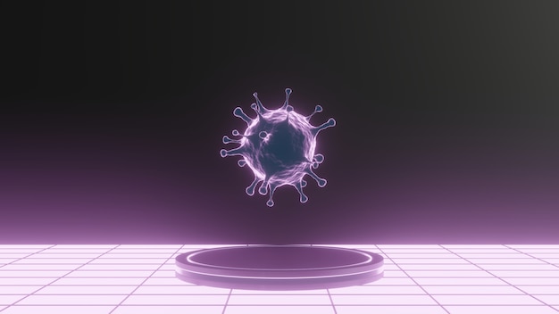 Photo 3d rendering of purple corona virus on pedestal on led light background, abstract minimal concept of 2019-ncov outbreak forms like sars and mers can be lethal, luxury minimalist