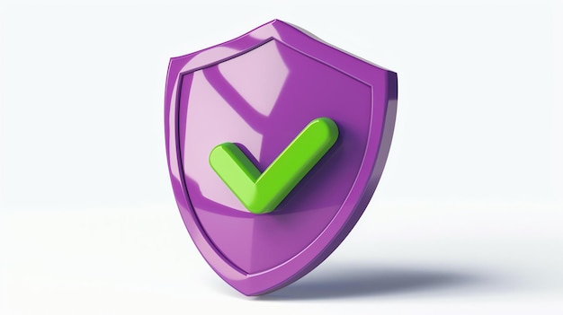 A 3D rendering of a purple and green shield with a checkmark on a white background The shield is glossy and has a beveled edge