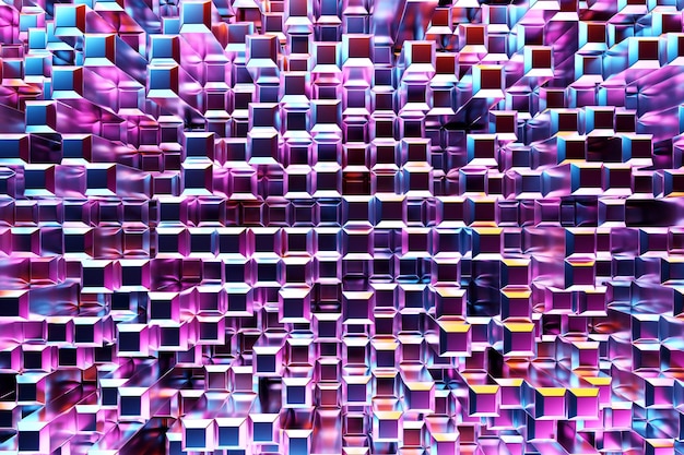 3D 렌더링 다양한 모양의 큐브의 자주색 패턴 산 꼭대기와 유사한 단순한 모양의 미니멀리즘 패턴 밝고 창의적인 대칭 질감