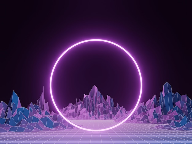 3D rendering. Purple portal frame. Topographic terrain wireframe background.