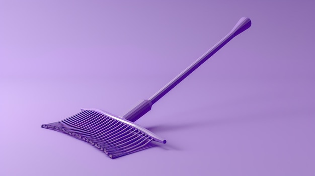 Foto rendering 3d di un rastrello viola rastrello isolato su uno sfondo viola il rastrello è fatto di metallo e ha un manico lungo