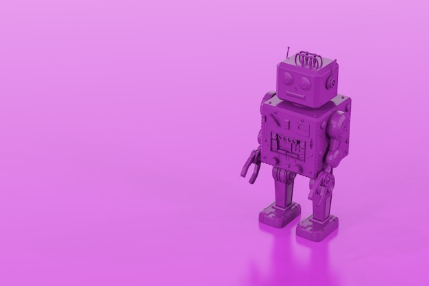 Foto 3d rendering viola singolo colore tin robot giocattolo su sfondo viola