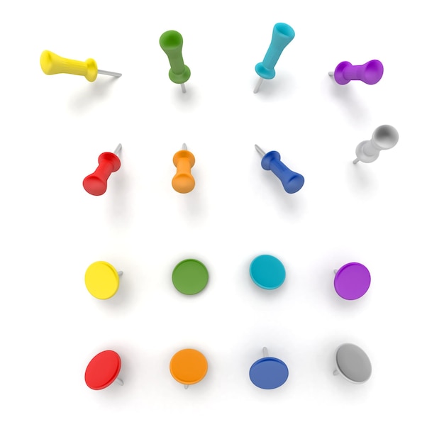 Photo 3d rendering of push pins in different shapes and colors