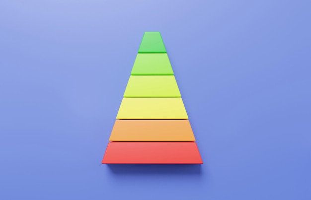 Rendering 3d grafico a piramide colore livello freddo e caldo su sfondo viola dati sull'esperienza del cliente statistiche infografiche grafico finanziario analisi ottimizzazione crescita illustrazione minima del fumetto