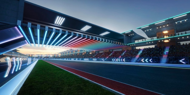 3D-rendering raceconcept van futuristische racebaan in de avondscène
