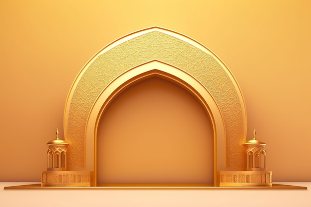 Foto rendering 3d dello sfondo ramadan kareem con arco arabico dorato ai generato