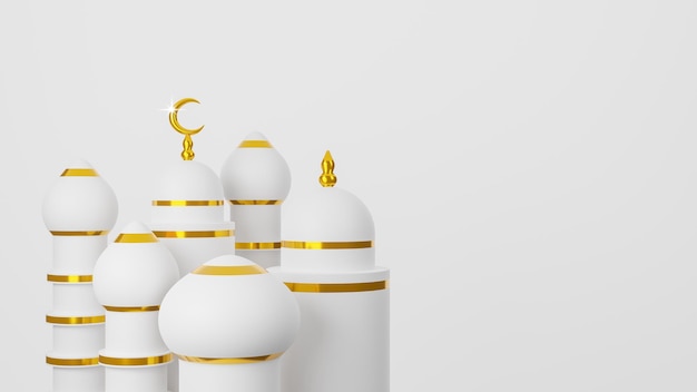 3D-rendering Ramadan Kareem ontwerp moskee koepel en gouden maan op witte achtergrond