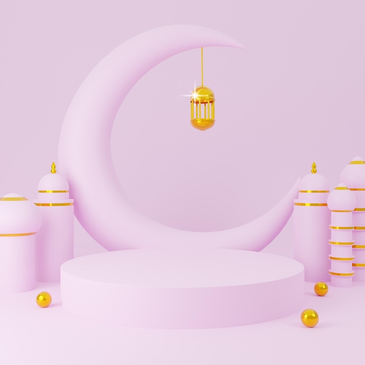 3D-rendering Ramadan Kareem ontwerp roze moskee koepel en gouden maan voor producten weergeven podium op roze achtergrond