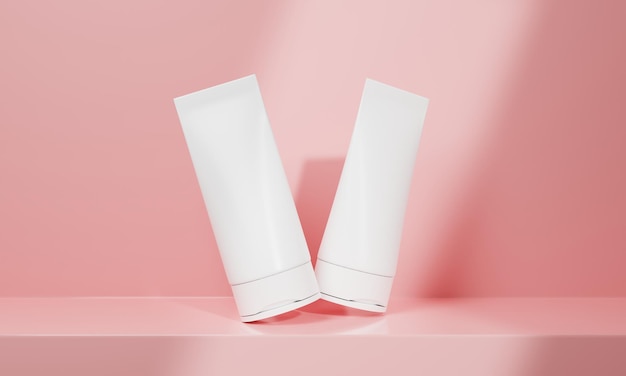 3d rendering of realistic blank white skincare cosmetic\
packaging on pink background with shadow for cosmetic brand\
mockup
