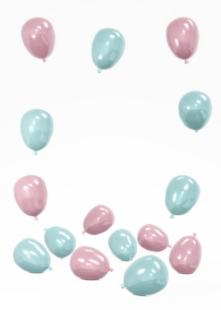 3D-рендеринг реалистичных синих и розовых шаров с пустым пространством для текста. Фон на день рождения, юбилей, свадьбу, праздничные поздравительные баннеры. Праздничный шаблон для социальных сетей. 3D визуализация.