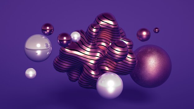 リアルな構図の3Dレンダリング。飛んでいる球、トーラス、チューブ、コーン、クリスタルが動いています。美しい抽象化の背景のミニマリズム。 3Dイラスト、3Dレンダリング。