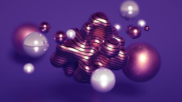 3d rendering of a realistic composition. Flying spheres, tori, tubes, cones and crystals in motion.Beautiful abstraction background minimalism. 3d illustration, 3d rendering.