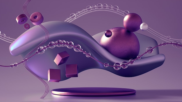 Rendering 3d di una composizione realistica. sfere volanti, tori, tubi, coni e cristalli in movimento. bella astrazione minimalismo di sfondo. illustrazione 3d, rendering 3d.