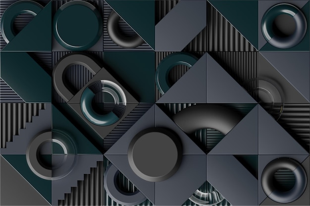 Rendering 3d di primitive di composizione realistiche tema astratto per disegni alla moda sfere toro quadrati punti in colori neri