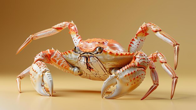 Photo 3d rendering of a realistic crab the crab is red and white with its claws in the air it is standing on a sandy surface