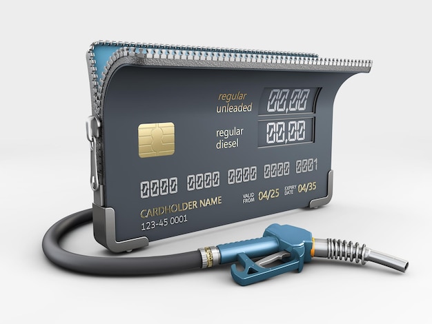 Photo 3d rendering of realistic credit card with fuel hose petrol station concept