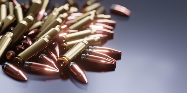 3D Rendering realistic mock up of bullets Rifle bullets closeup Cartridges for rifle and carbine