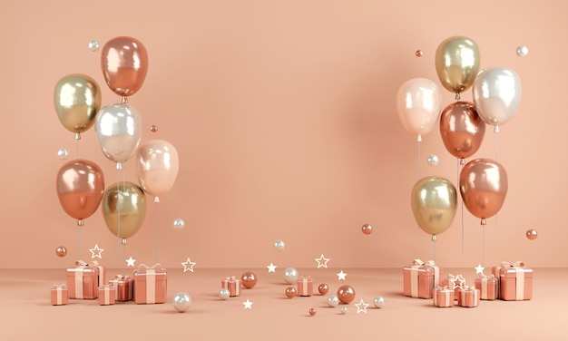 3D Rendering realistic rose gold balloons with blank copy space for text and gift on background