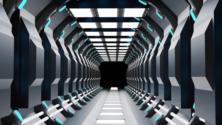Фотография 3d-рендеринг реалистичного научно-фантастического темного коридора