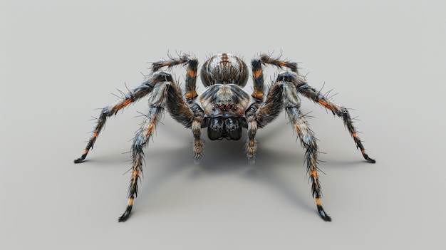 A 3D rendering of a realistic spider The spider has brown and black fur with red eyes