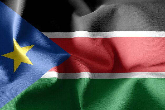 Foto 3d che rende realistica la bandiera di seta sventolante del sud sudan
