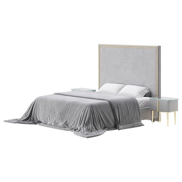 3d rendering realistisch comfortabel bed met dekens en kussens geïsoleerd op witte achtergrond