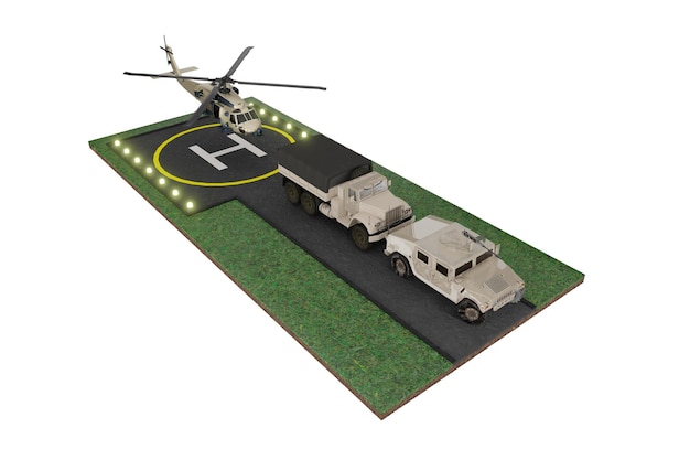 3D-rendering realistische scène militaire helikopter en vrachtwagen
