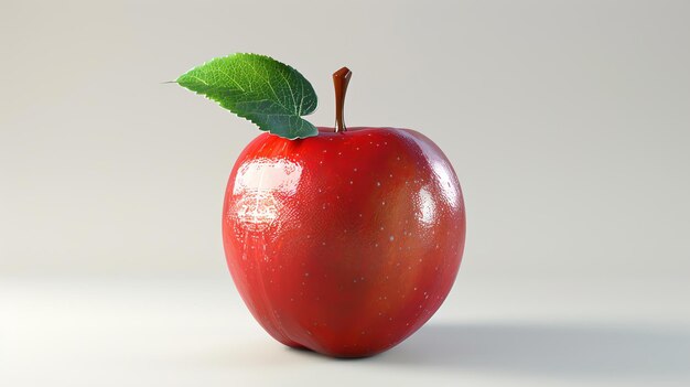 3D rendering of a red apple with green leaf on a white background The apple is glossy and has a smooth surface