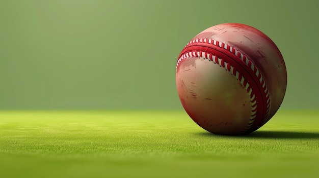 Photo 3d rendering of a red baseball with red stitches lying on a green grass field