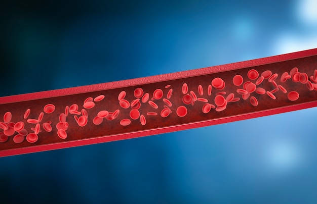 사진 3d 렌더링 적혈구가 정맥에 흐릅니다.