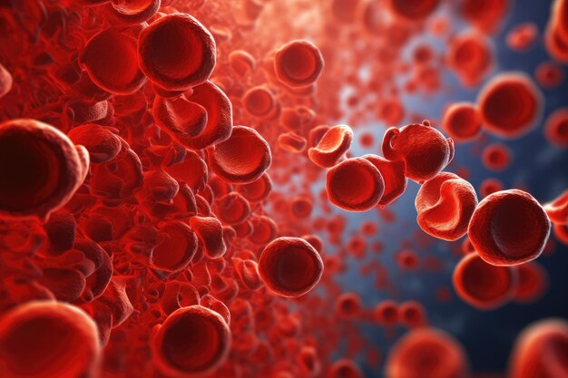 3D 렌더링은 혈관에 있는 적혈세포를 한 방향으로 흐르는 혈관과 혈세포의 3D 랜더링입니다.