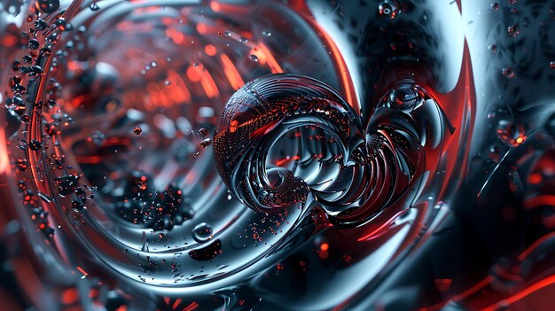 3D rendering of a red and blue abstract sphere with a shiny surface and a lot of small drops of liquid around it