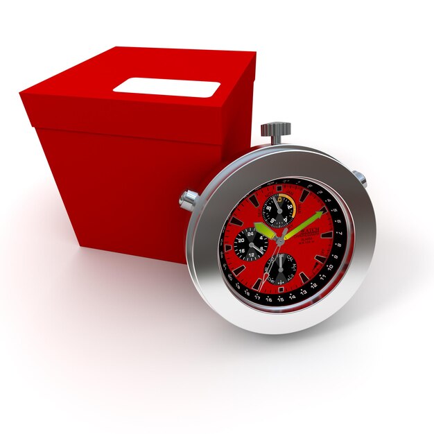 3D rendering of a red cardboard box and a chronometer