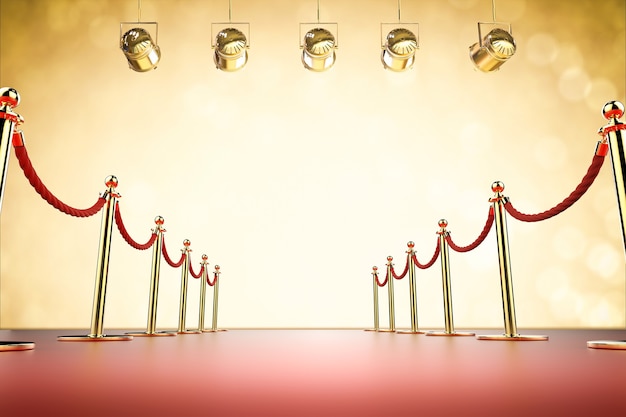 Photo 3d rendering red carpet and rope barrier with shining spotlights