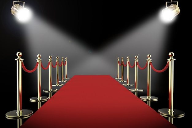 3d rendering red carpet and rope barrier with shining spotlights