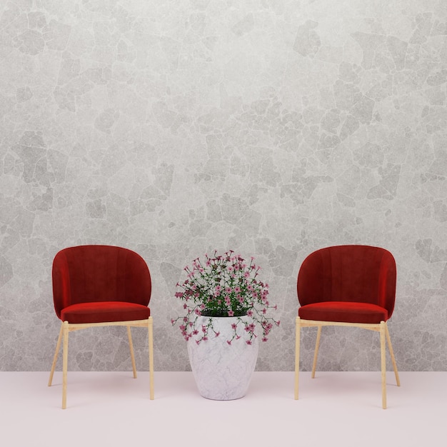 Foto rendering 3d sedia rossa in soggiorno con vaso di fiori su sfondo di cemento