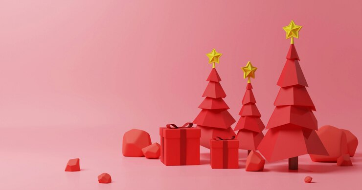 Photo 3d rendering. red christmas trees with red gift boxs and red stones, low poly style