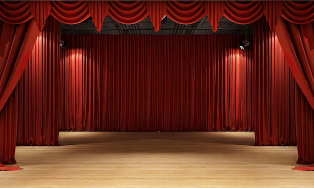 3d rendering red curtain and a spotlight. festival night show poster